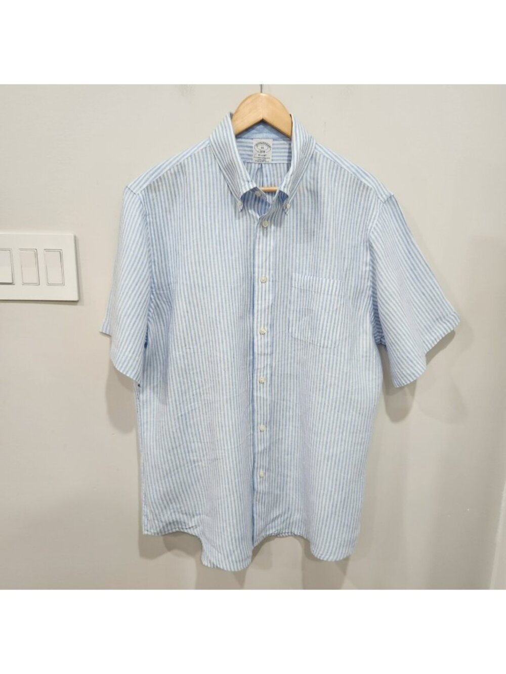 Vintage Brooks Brothers Linen Shirt Mens XL Blue Stripe Short Sleeve Button Down